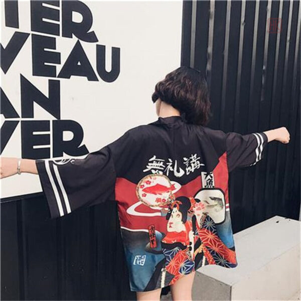 Veste kimono à motif Neko, inspiration geisha pour femme