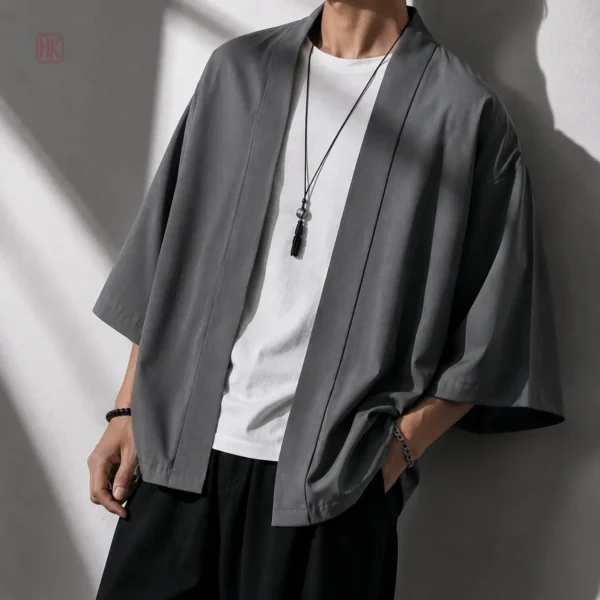 veste-kimono-gris-fonce-homme-1 Veste Kimono Homme Gris Foncé