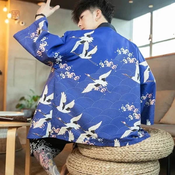 veste-kimono-grues-japonais-bleu-homme-1 Veste Kimono Grues Japonais Bleu pour homme