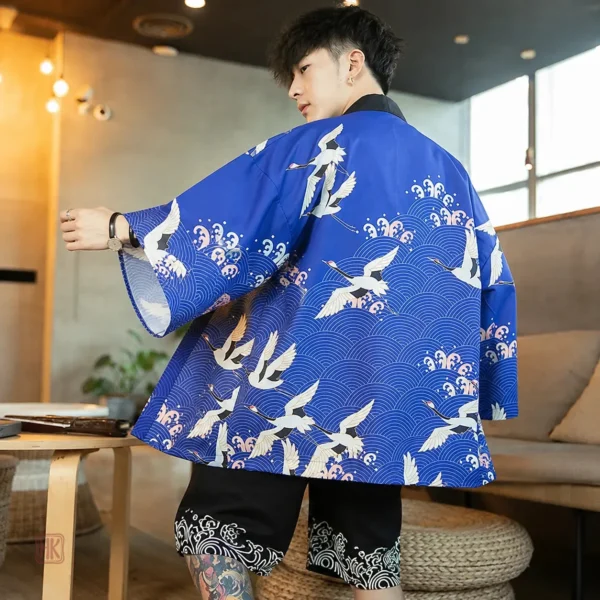 Kimono bleu homme avec motif de grues japonaises