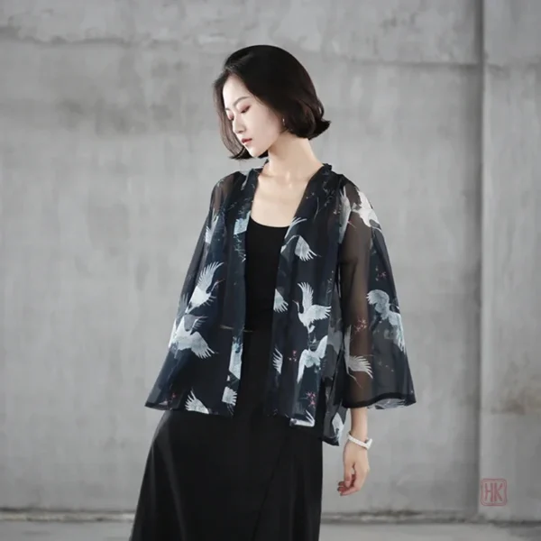 veste-kimono-grues-transparente-1 Veste Kimono Grues Transparente pour femme