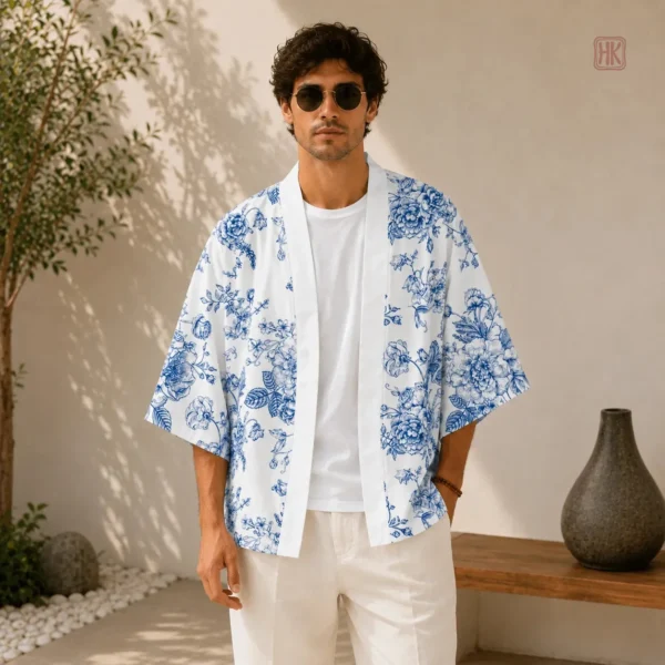 veste-kimono-homme-fleurie-1 Veste kimono fleurie pour homme en tissu léger