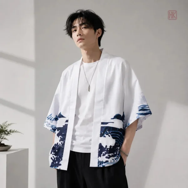 veste-kimono-homme-vague-frappante-1 Veste Kimono Homme Dragon Bleu