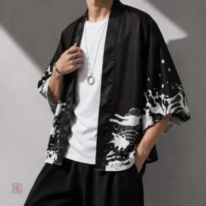 Veste kimono homme dragon noir en cascade