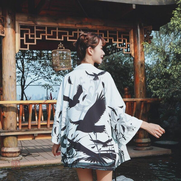 veste-kimono-japonais-corbeau-1 Veste Kimono Japonais avec motif corbeau pour femme