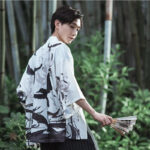 Veste kimono japonais avec motif de corbeaux pour homme