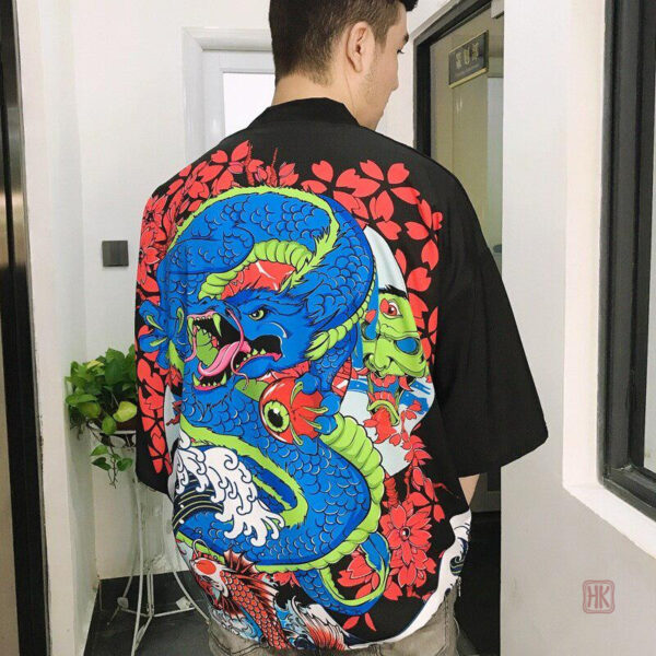veste-kimono-japonais-dragon-bleu-1 Veste Kimono Dragon Bleu pour homme