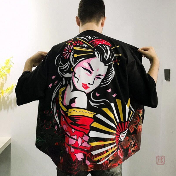 Veste kimono japonais Geisha avec motif éventail