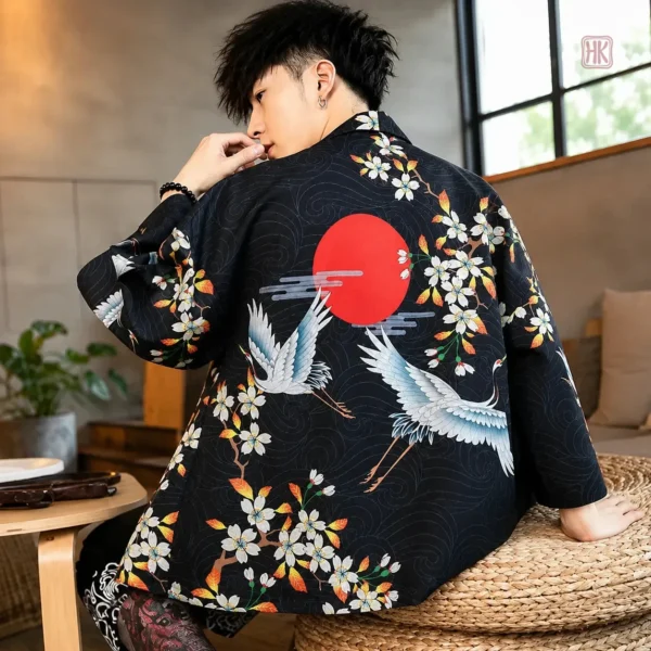Veste kimono hommes avec motifs de grues japonaises