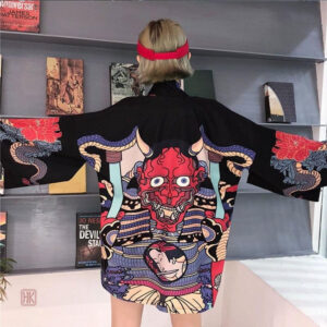 Veste Kimono Japonais Oni Neko pour femme