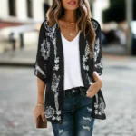 Veste kimono légère noir et blanc pour femme