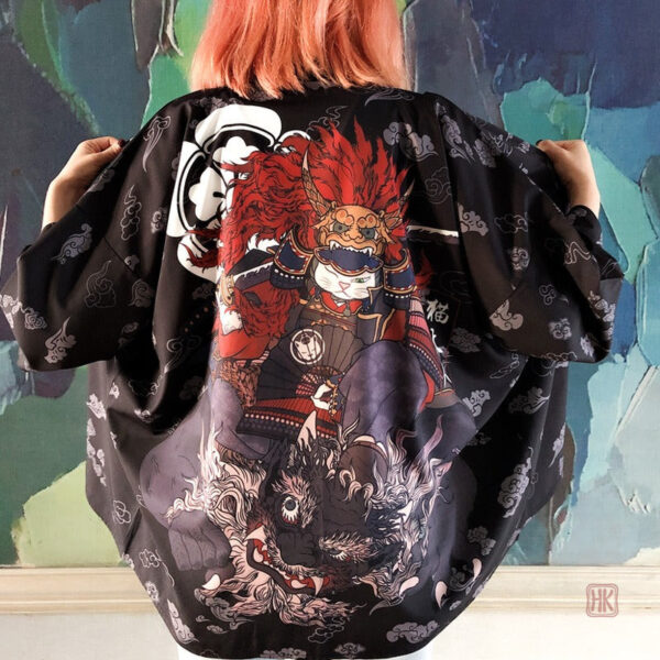 veste-kimono-neko-samourai-1 Veste Kimono Neko Samouraï pour femme en motif unique