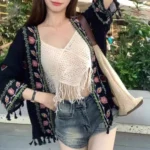 Veste Kimono Noire Brodée pour femme