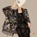 Veste kimono noire fleurie pour femme