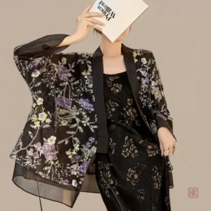 Veste kimono noire fleurie pour femme