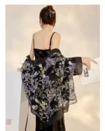 Veste femme noire, style kimono, motifs fleuris