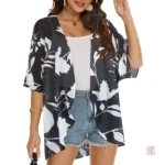 Veste kimono femme transparente à motifs fleuris