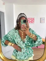 Veste Kimono Verte à Paillettes pour femme