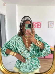 Veste Kimono Verte à Paillettes pour femme