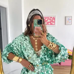 Veste Kimono Verte à Paillettes pour femme