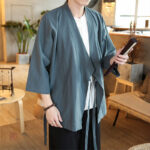 Veste longue en kimono, couleur verte, design unique pour homme