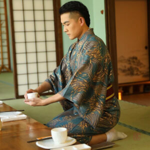Kimono homme vert, style japonais authentique