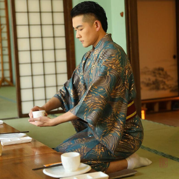 Kimono homme vert, style japonais authentique